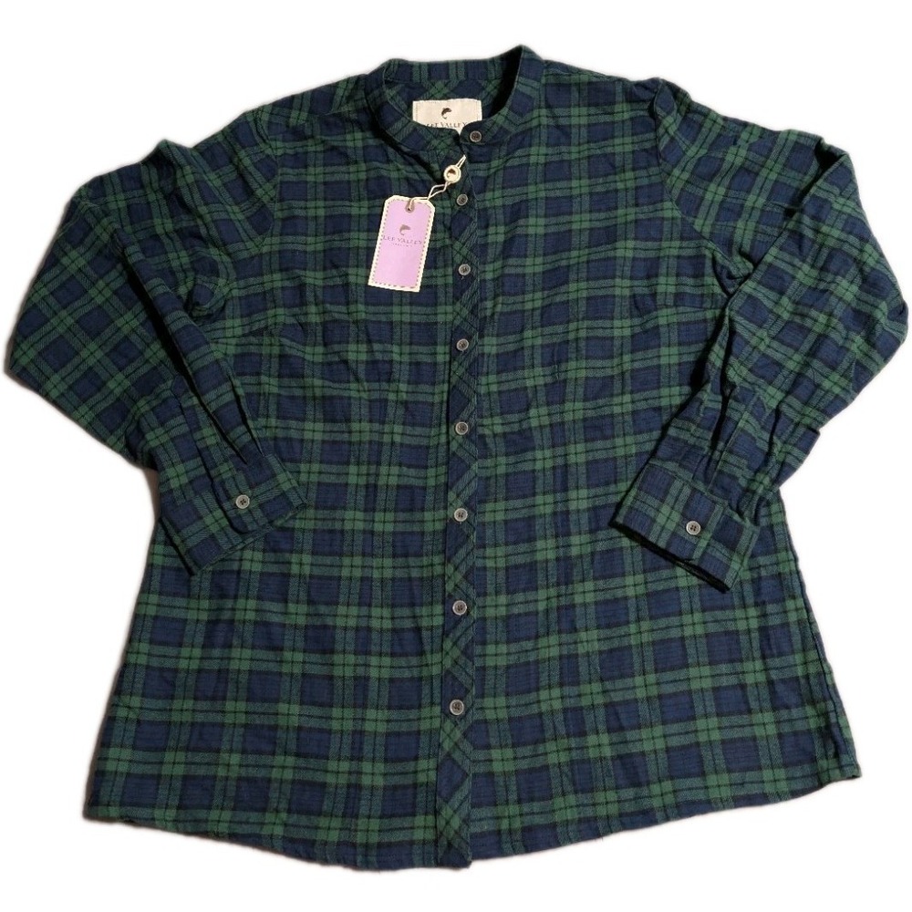 Lee Valley Ireland Plaid‎ Flannel Shirt Womens XL Green Blue Cotton Tunic NWT